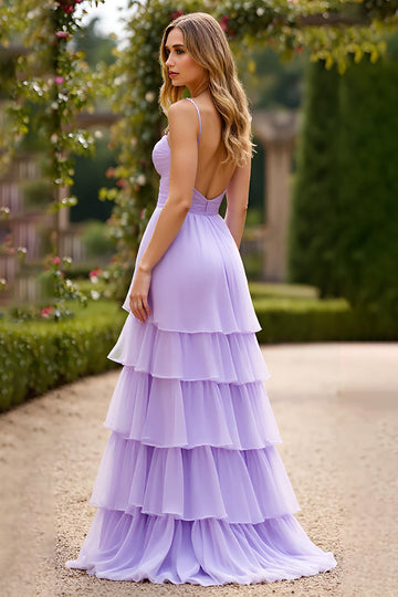Lilac A Line Spaghetti Straps Tiered Prom Dress